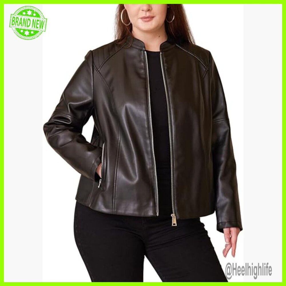 Plus Size Faux Leather Motorcycle Jacket Quilted Shoulders Biker Coat